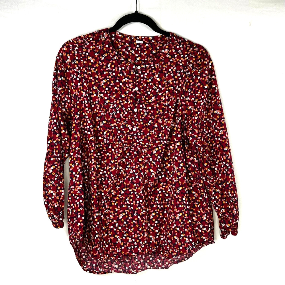 Old Navy Top Womens XSmall Red Floral Print Button Front Long Sleeve Pullover